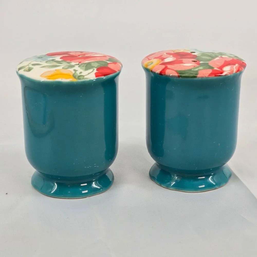 Pioneer Woman Vintage Floral Teal Salt and Pepper Shaker Set Ceramic